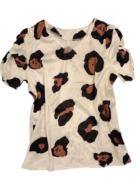 Woven Puff-Sleeve Blouse in Cream with Black & Brown Cheetah Print
